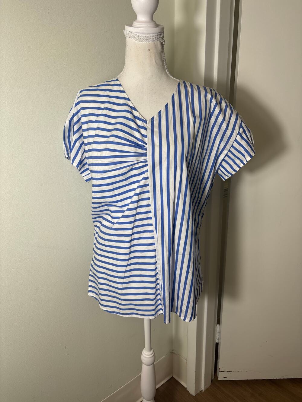 NWT Harshman Blue White Stripe Cap Sleeve V-Neck Cotton Shirt Sz M